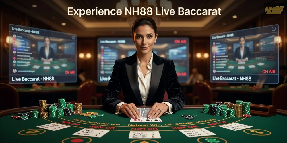 Khái niệm baccarat live casino nh88 được minh họa qua dealer chuyên nghiệp và bàn chơi thực tế