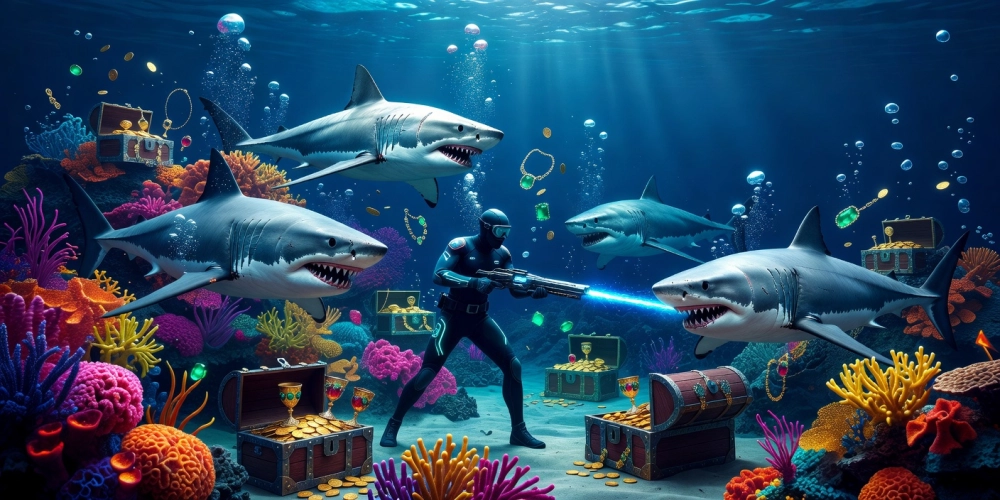 Ảnh đại diện cho trò chơi bắn cá đại dương nh88 với cá mập và kho báu dưới biển sâu