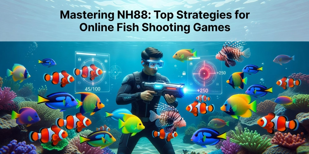 Minh họa khái niệm bắn cá online nh88 với hình ảnh đại dương đầy cá sặc sỡ và người chơi cầm súng bắn