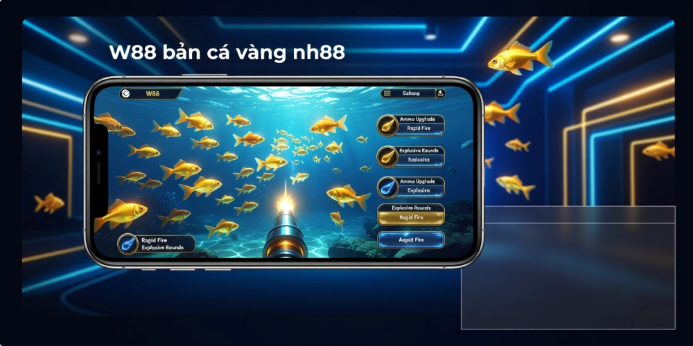 Hình ảnh giao diện trò chơi bắn cá vàng nh88 trên nền tảng W88 với hiệu ứng bắn súng sống động.