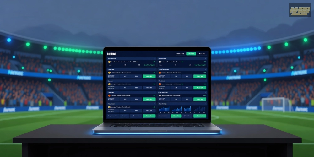 Minh họa khái niệm cá cược thể thao nh88 với giao diện nền tảng hiện đại và các kèo cược phổ biến