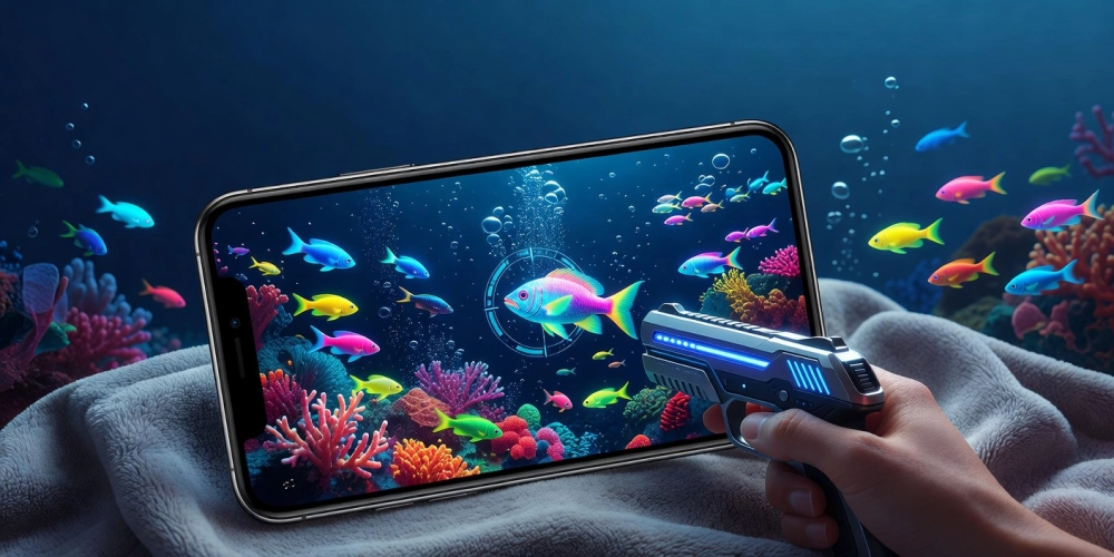 Minh họa khái niệm bắn cá xèng nh88 với giao diện trò chơi hiện đại và cá đa dạng