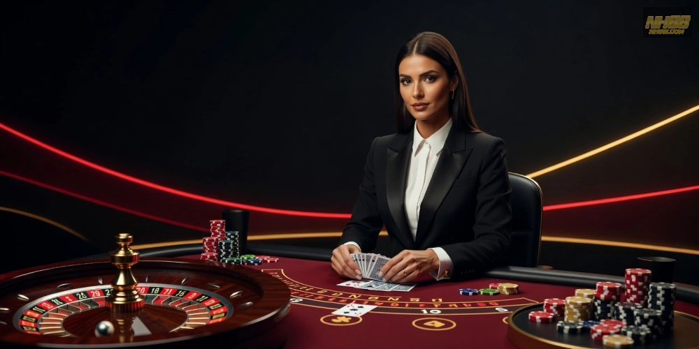 Minh họa khái niệm live casino nh88 với dealer chuyên nghiệp và bàn chơi thực tế