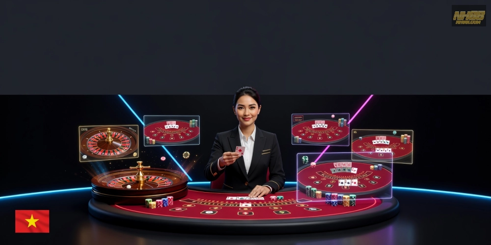Minh họa khái niệm live casino online nh88 với dealer chuyên nghiệp và giao diện hiện đại