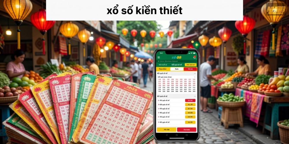 Minh họa khái niệm xổ số kiến thiết nh88 với vé số và giao diện trực tuyến