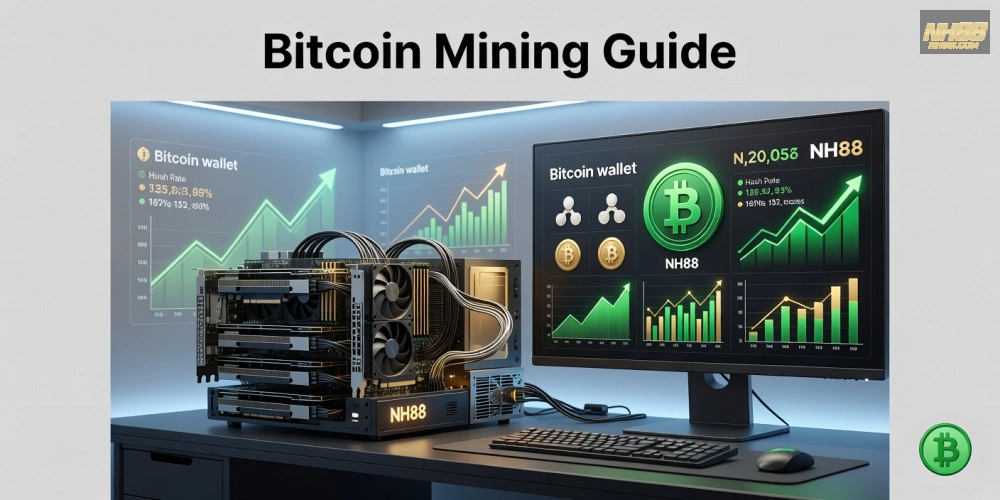 Minh họa khái niệm đào Bitcoin trên nền tảng NH88 với biểu đồ lợi nhuận