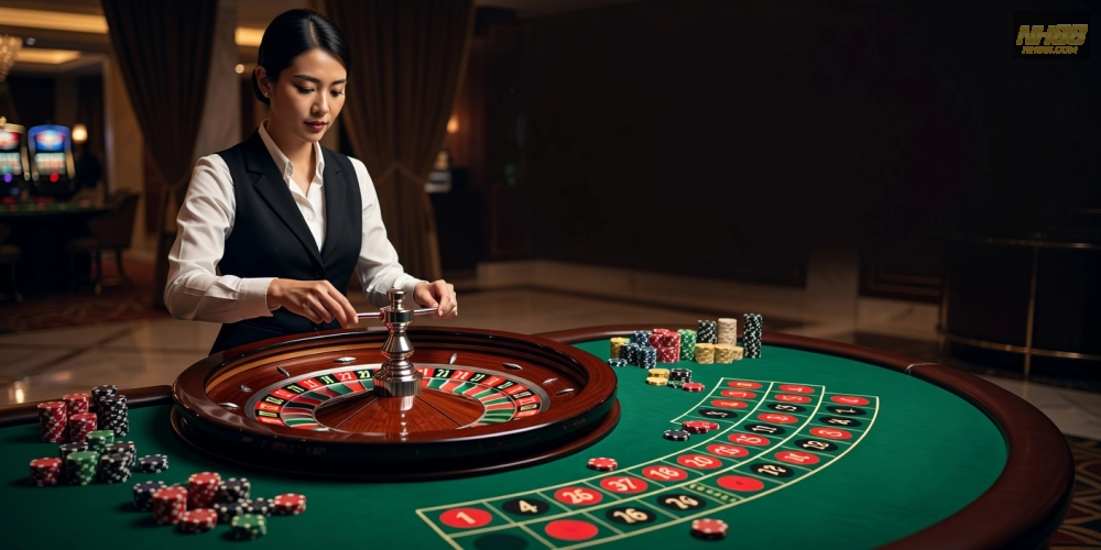 Caption mô tả bàn roulette live casino free nh88 với dealer đang quay bánh xe